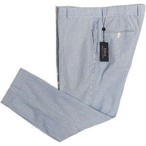 Polo Ralph Lauren Pants Men's 38x30 Seersucker Dress Pants Blue & White NEW